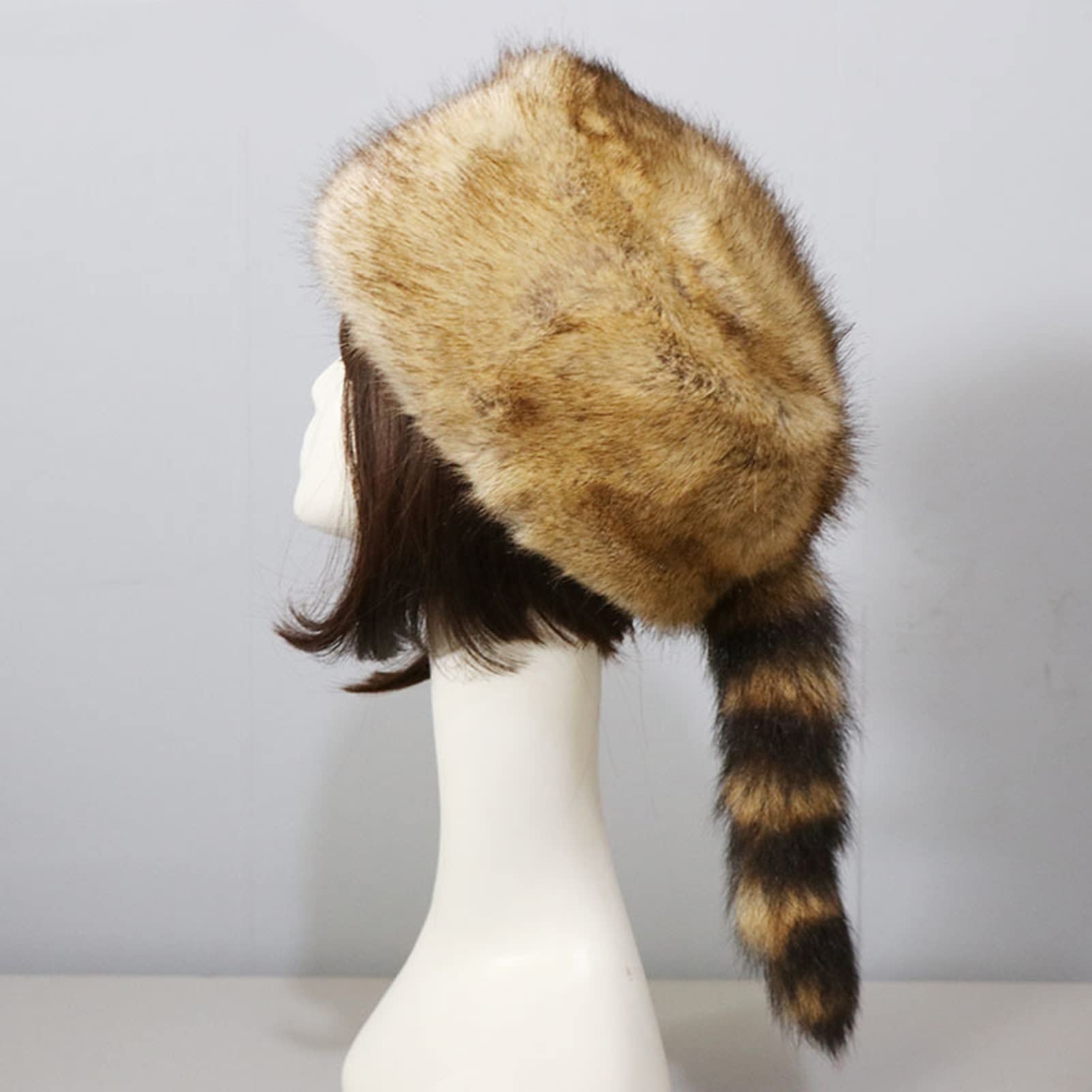 Altsuceser Gorra de piel sintética con cola de mapache y parte superior plana, sombrero de cola de mapache para invierno