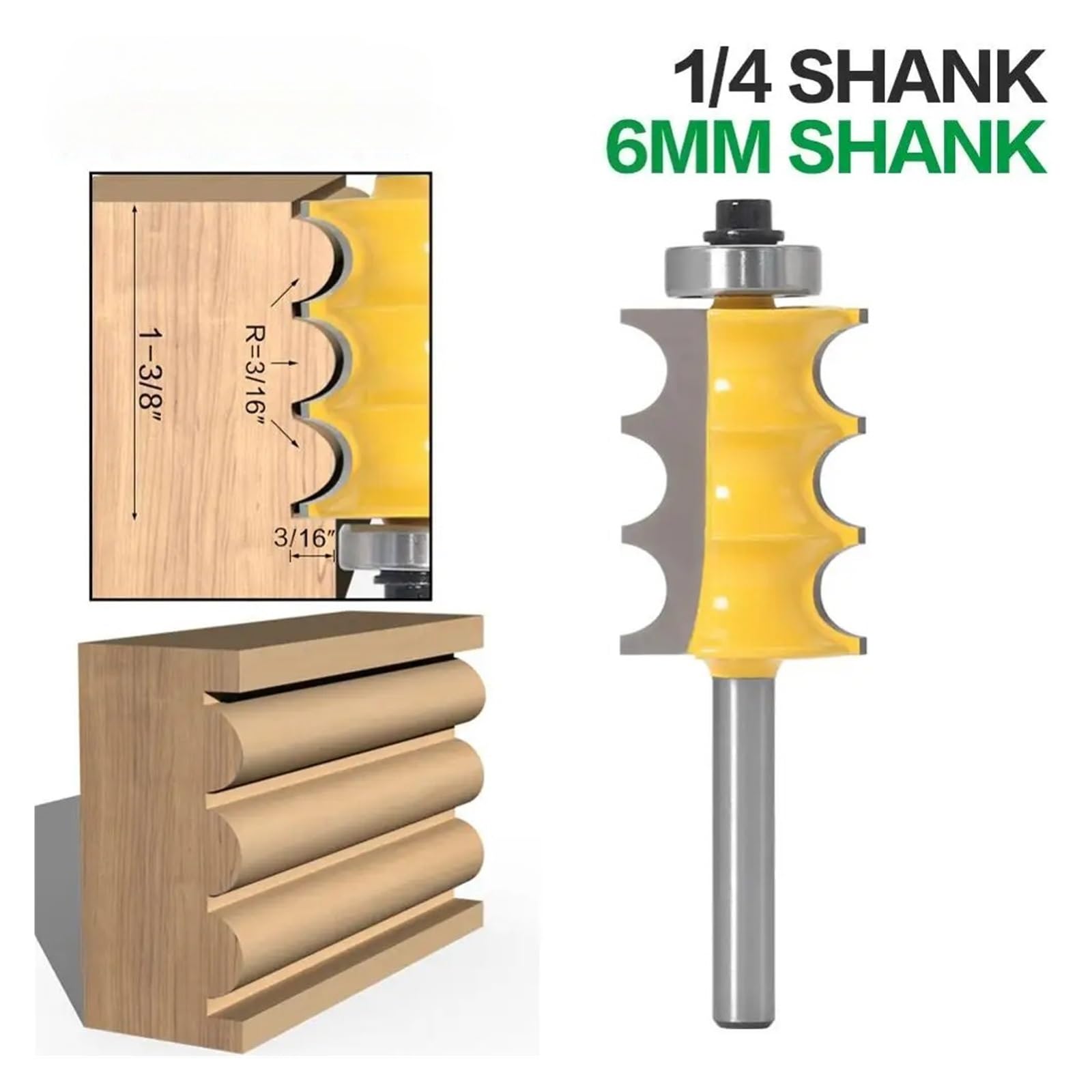 Punta for fresa con finitura a tripla perlina, 1 pezzo, gambo da 1/4", 6 mm