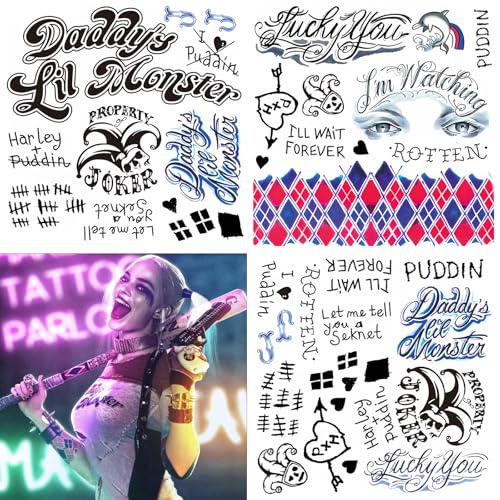 Joker and HQ Tattoos Temporary - 13 Sheets Halloween Temporary Tattoos for Men Fake Tattoo Stickers Joker Costume Masquerade Cosplay Party Accessories Makeup Waterproof