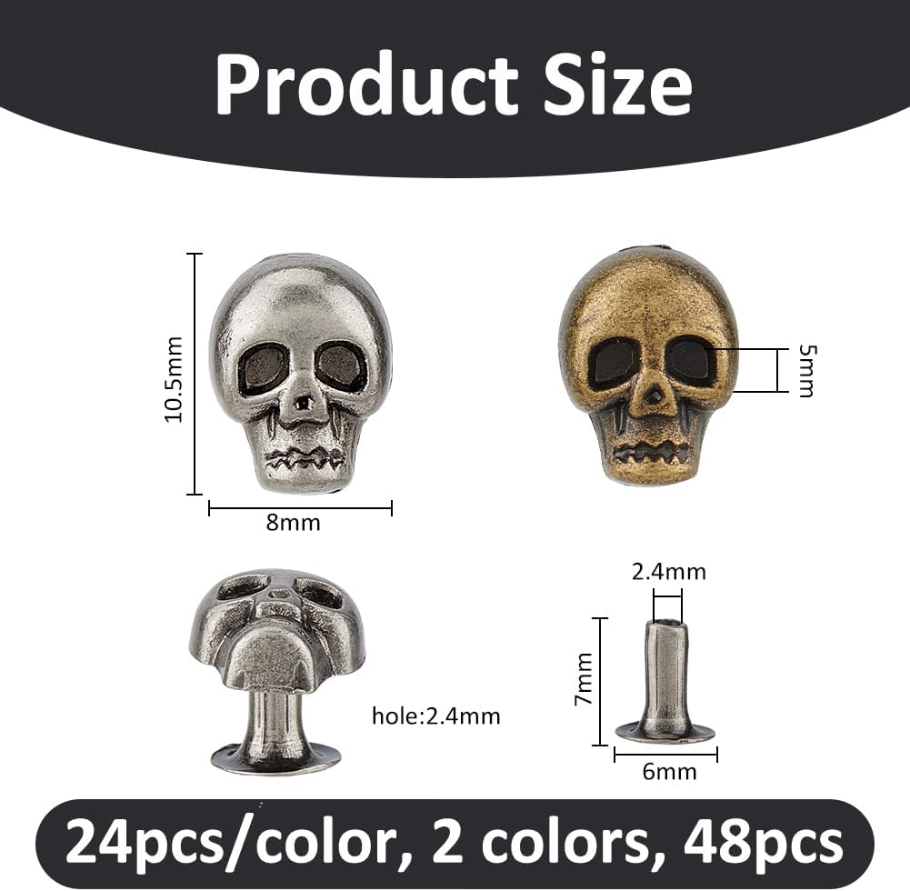 SUPERFINDINGS 48PCS 2 Colors Alloy Skull Rivets Leather Rivets Metal Punk Studs Skeleton Stud Handicraft DIY Punk Spikes Accessories for DIY Leather Crafts Belts Shoes Jackets Bags Decor