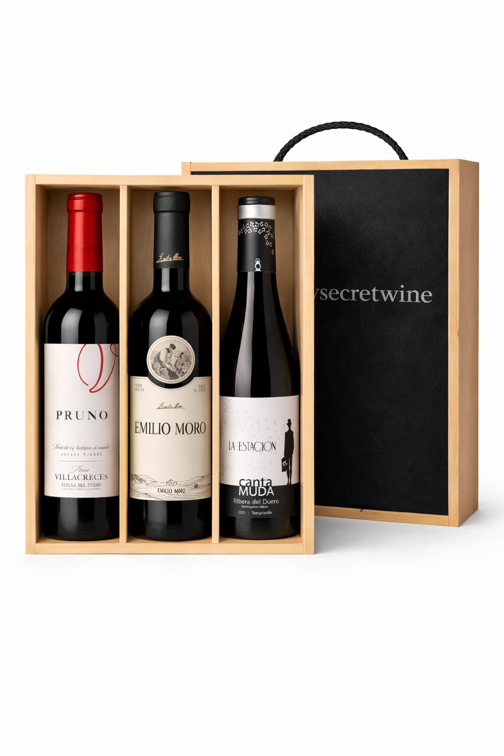 Pack 3 Vinos Ribera del Duero Premium con Caja de Madera (3 botellas x 750ml)| Pruno Villacreces + Emilio Moro + La Estación CantaMuda | Selección Gourmet -MySecretWine-