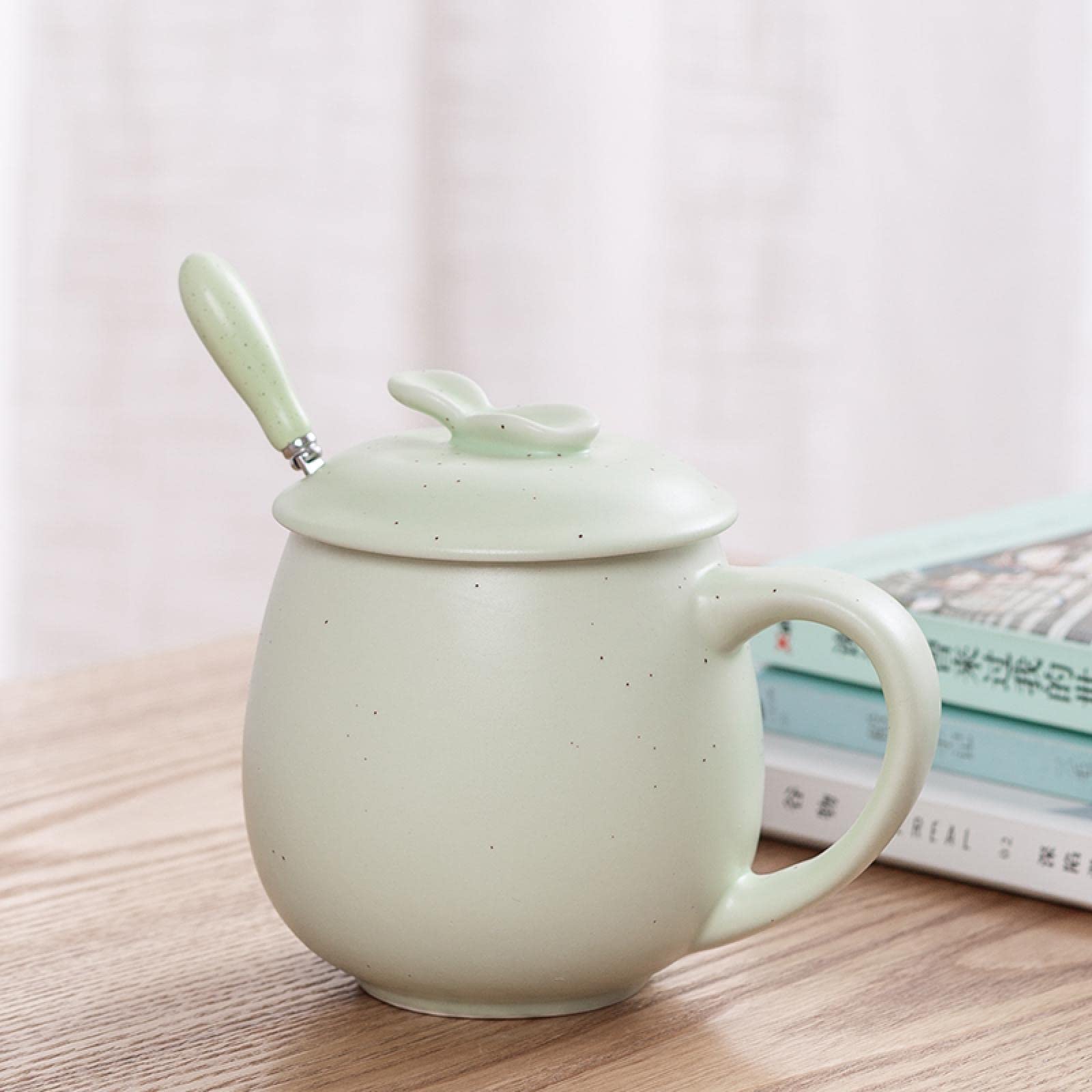 Ceramic Coffee Cups Breakfast Milk Mugs Water Cup with Lid and Spoon Star-Green