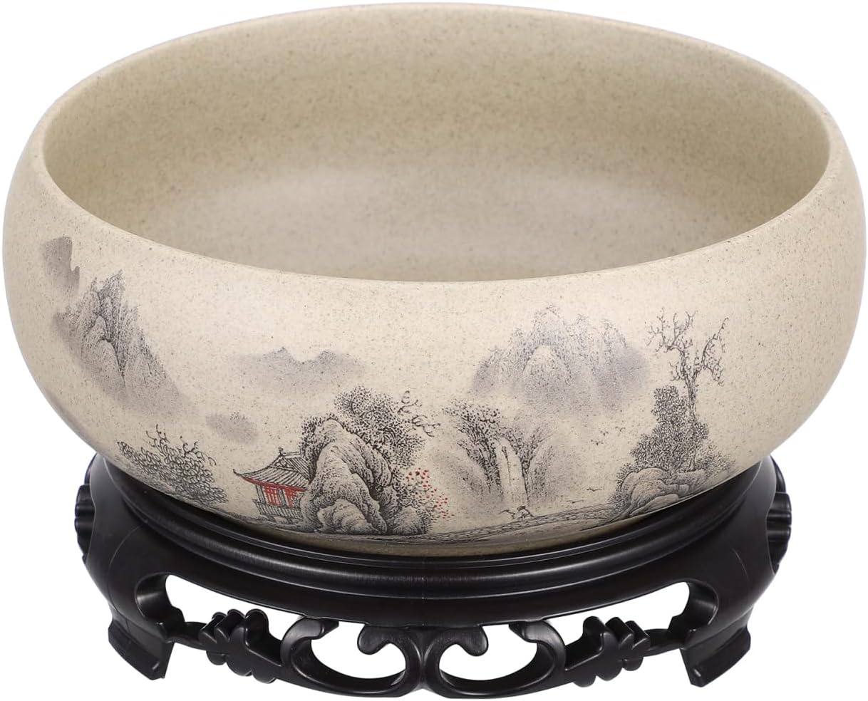 Angoily Pottery Lotus Bowl Planter Bonsai Tree Pot Ceramic Flower Pot No Drainage Hole Hydroponic Water Lily Bowl with Base 6.7 Inch Round Narcissus Container for Indoor Zen Home Decor