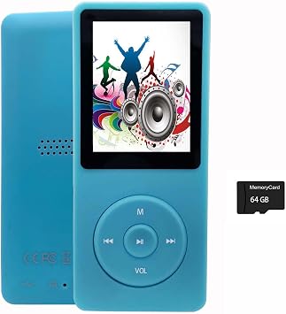 64GB MP3 Player with Speaker Earphones Portable Music Player for Kids Support Voice Recorder Photo Video E-Book, Light Blue