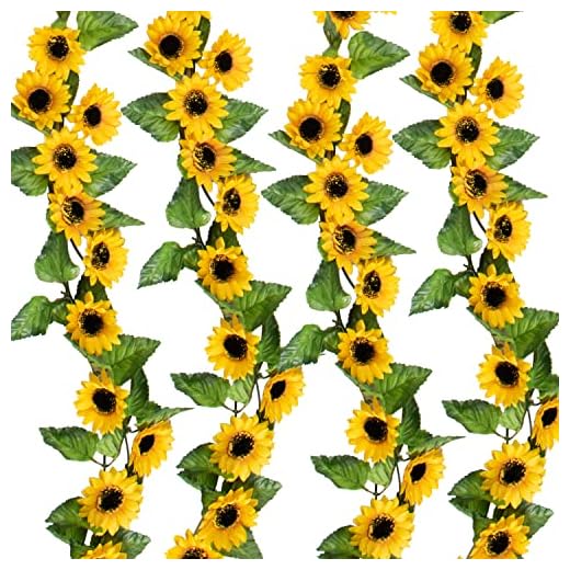 DILATATA 4 Pack Artificial Sunflower Garland 6ft Silk Hanging Sunflowers Vine Fake Yellow Flowers with Green Leaves for Home Birthday Wedding Garden Party Decor