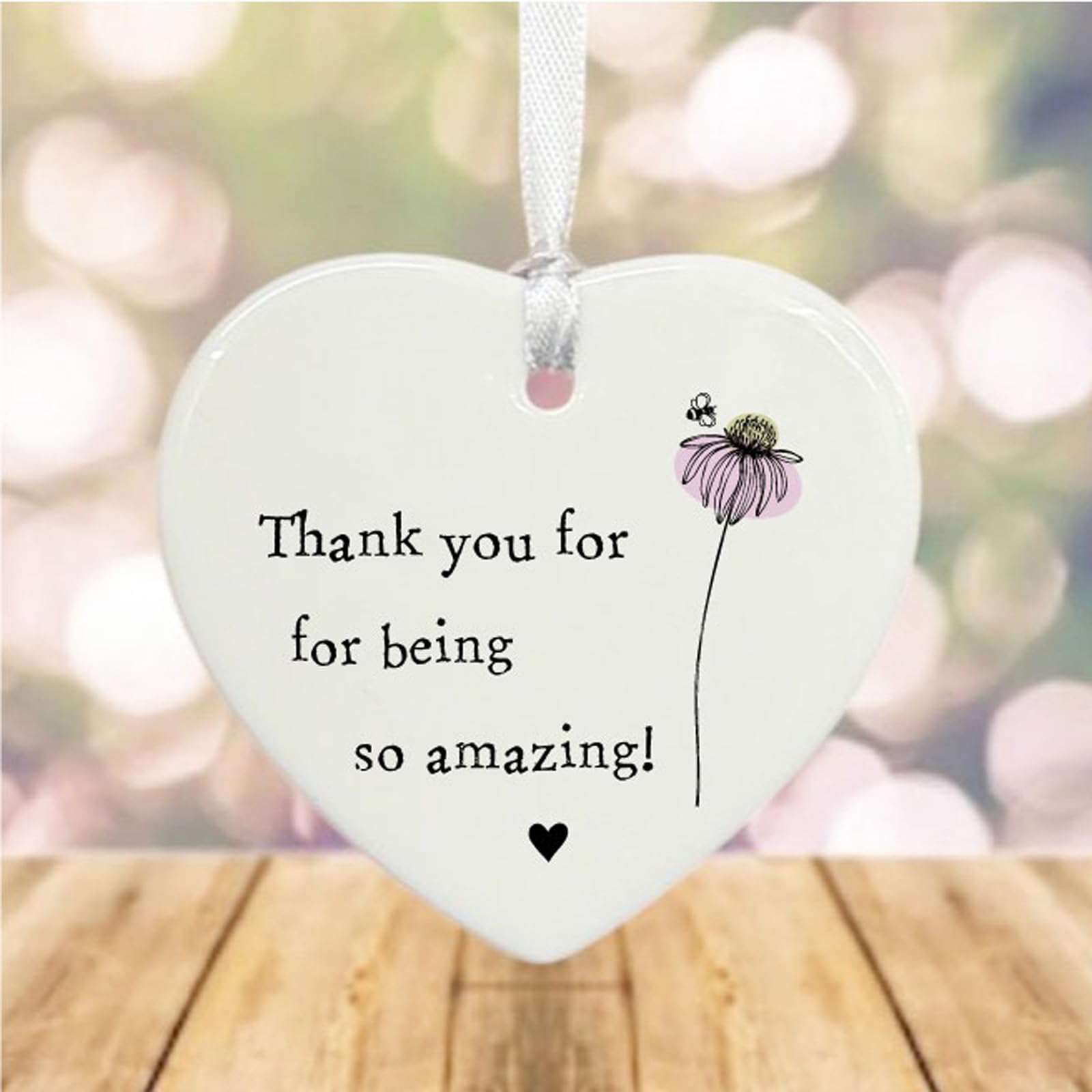 Luck And Luck White Personalised Porcelain Heart With Flower, Thank You Amazing Gift, Custom Hanging Heart Keepsake, Ceramic Heart Ornament, Porcelain Gift