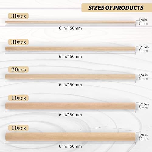 Miniatura 2 de Moukiween Varillas de madera de varios tamaños para manualidades de 18, 316, 14, 516, 38 x 6 pulgadas, varillas de madera natural sin terminar para