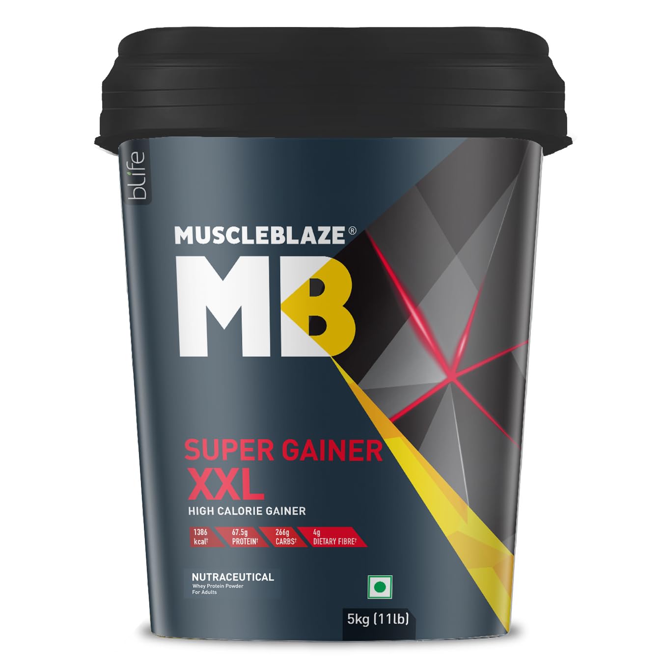 MuscleBlazeSuper Gainer XXL Powder, Chocolate (50 Servings, 5kg / 11lbs) | 15g Protein, 75g Carbs Per Scoop | Muscle Mass High Protein Gainer