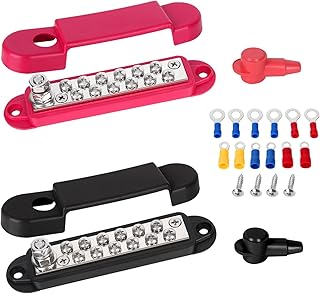 Afurkuot 12V Bus Bar Power Distribution Blocks with 1 x M6 Terminal Stud & 12 x M4 Screws Wire Lugs & Cover Included Red + Black 12-48V 180A 12 Busbar Terminal Blocks for Boat Marine Solar