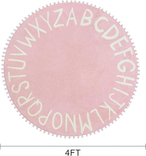 Miniatura 2 de Alfombra redonda rosa para dormitorio de niñas, 47 x 47 pulgadas, alfombra lavable ABC para guardería, alfombras para niños pequeños con pompones y