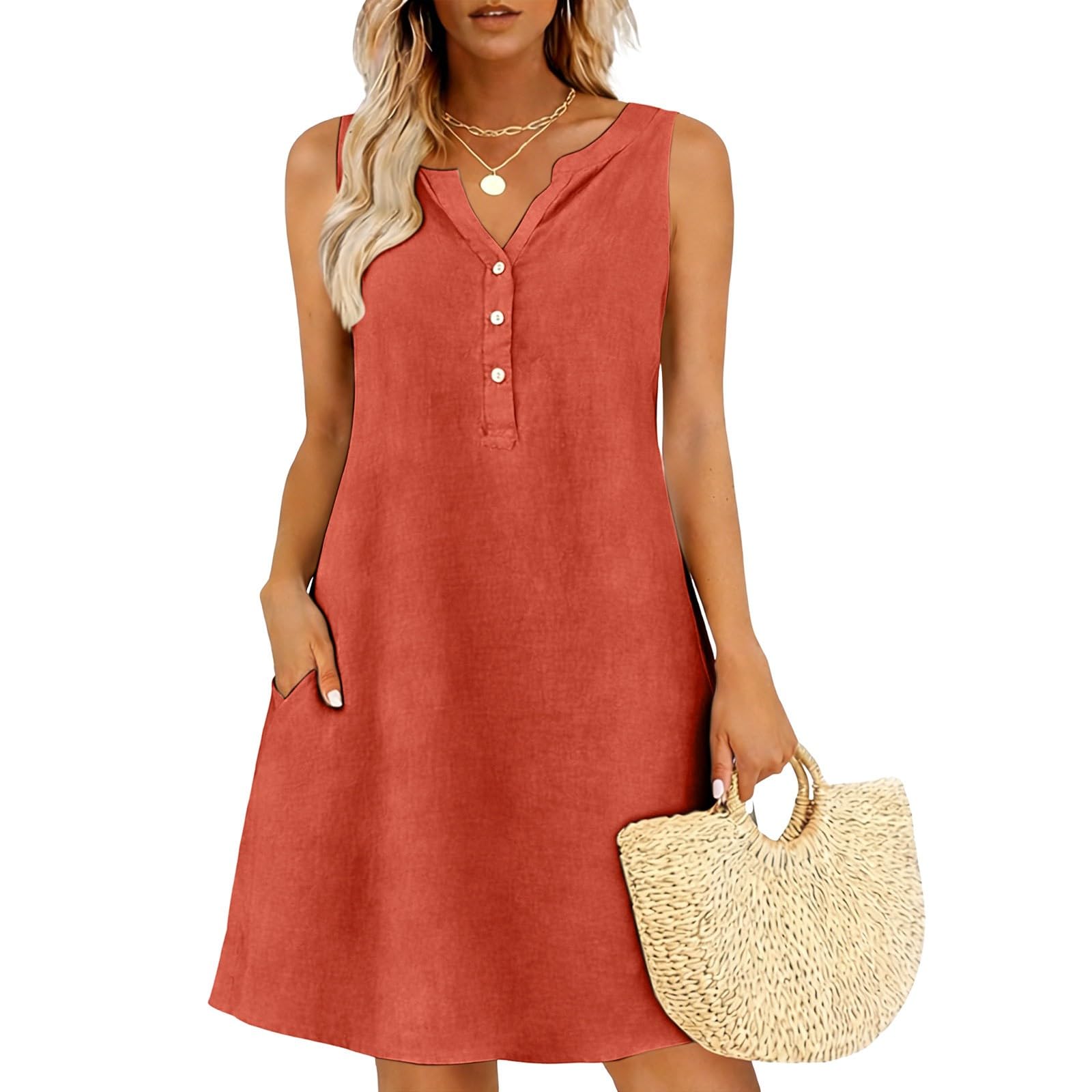 Mini abito da donna in lino e cotone, senza maniche, con scollo a V, per il tempo libero, con tasche laterali e bottoni decorativi, abito estivo per vacanze, spiaggia, lounge