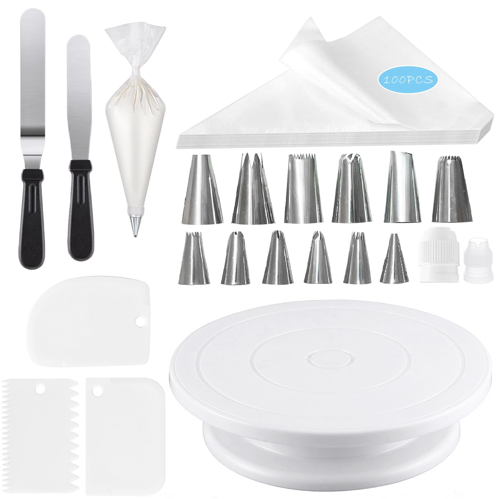 Cake Turntable Cake Decorating Kit 120 Pcs, Cake Icing Set with 360° Rotating Cake Stand, 100 Disposable Piping Bags and 12 Piping Nozzles, 3 Icing Smoother Scraper Set, 2 Cake Spatulas and 2 Couplers