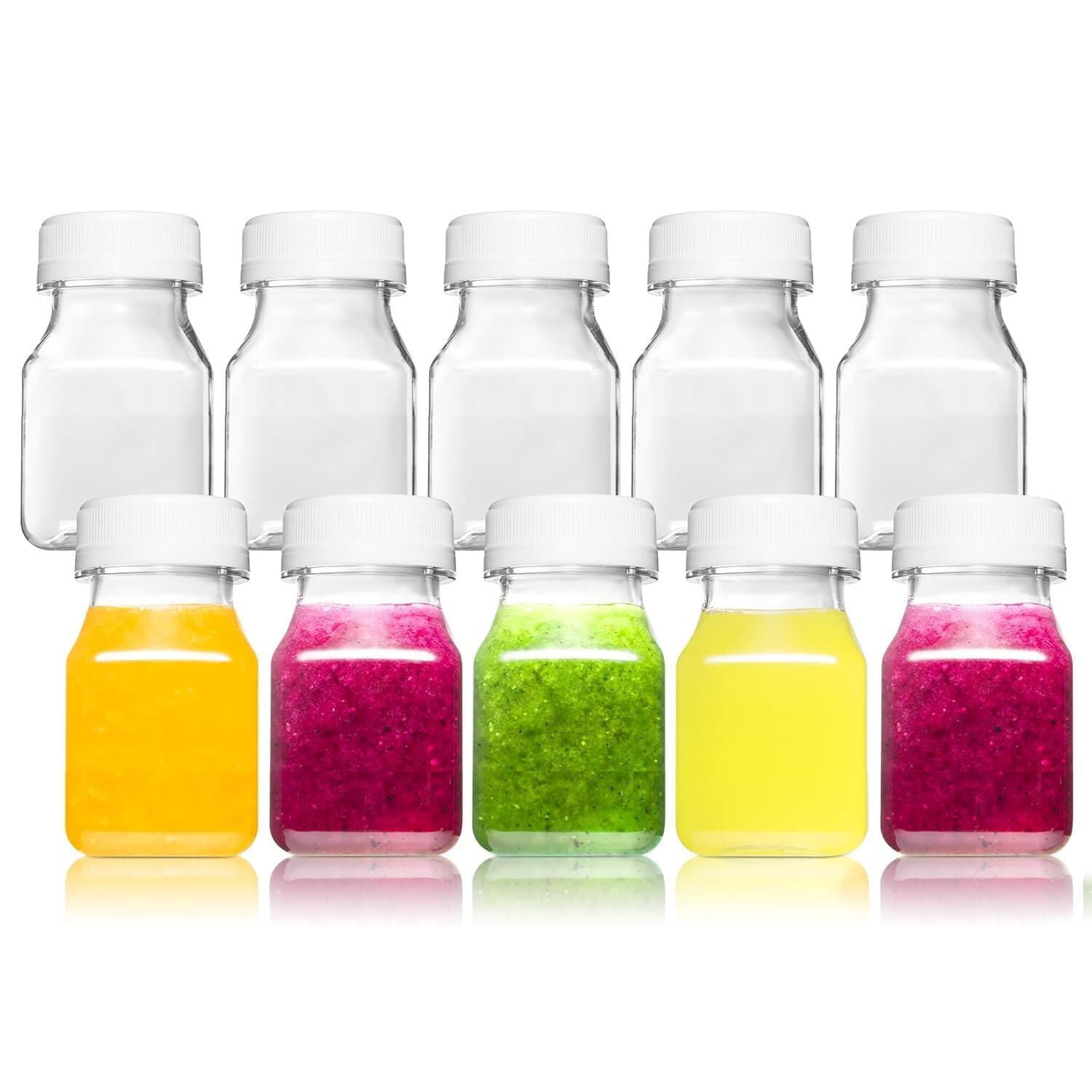 Norcalway 10pcs 2oz Plastic Shot Bottles with Caps - Ginger Shot - Freezer Safe, Leak Proof, BPA Free, Food Grade Small Plastic Bottles with Caps