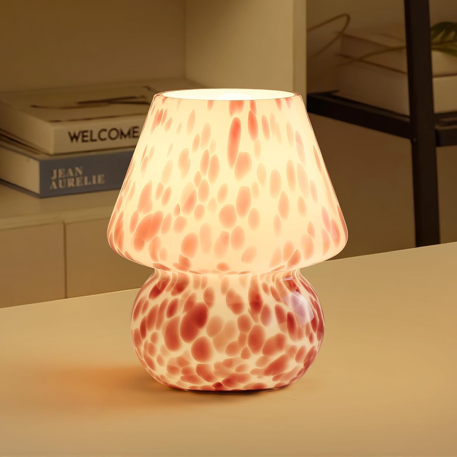 Cute Mushroom Lamp | Small Bedside Nightlight for Bedroom & Living Room | Adorable Blush Pink Translucent Glass Desk Light with E26 3000K Warm Bulb | Perfect Home Decor Gift for Girls & Women