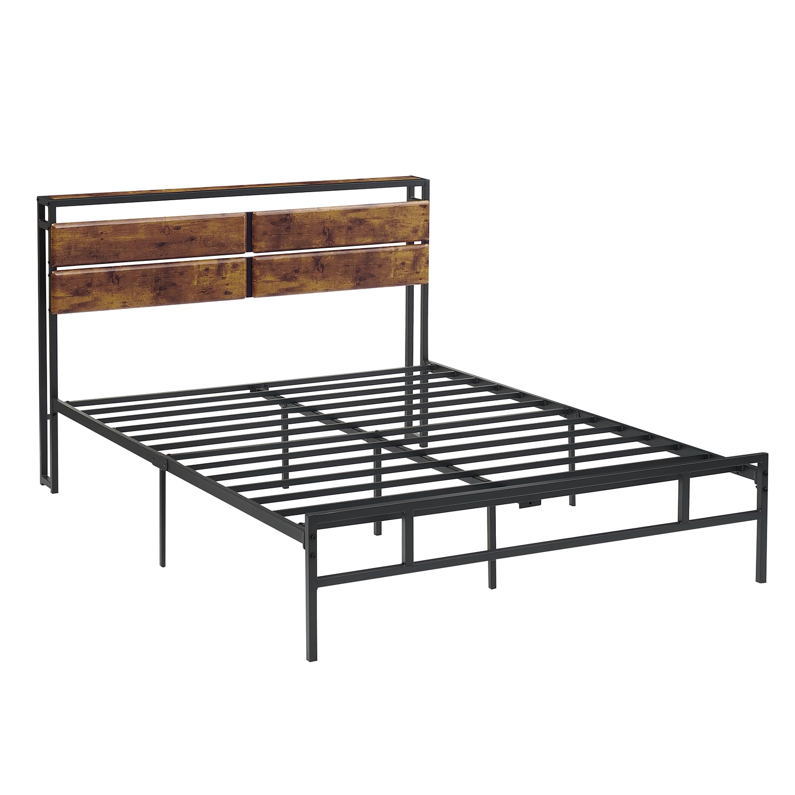 GyabnwQueen Bed Frame, Queen Size Bed Frame with Vintage Wood Headboard & Footboard, Mid-Century Modern Bed Frame, Metal Platform Bed Frame/No Box Spring Needed, Strong Weight Capacity