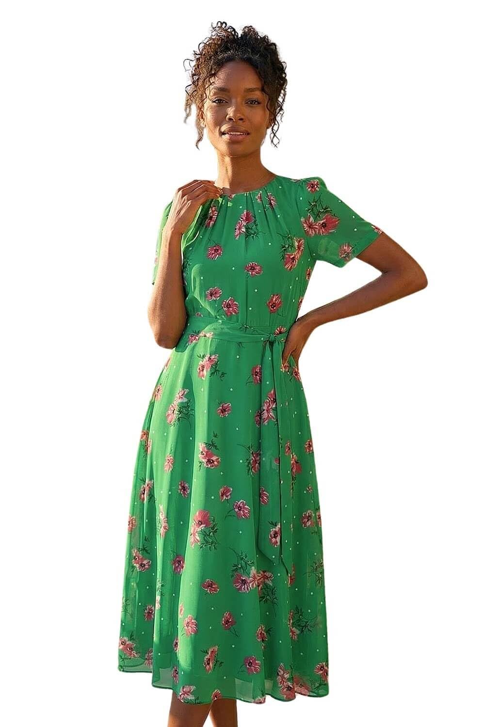 Roman Originals Women's Floral Green Roman Floral Print Pleat Neck Midi Dress For Uk Spring Everyday Summer Holiday Round Neckline Comfy Short Sleeve Soft Fit & Flare Frock Dinner Date - Size 18