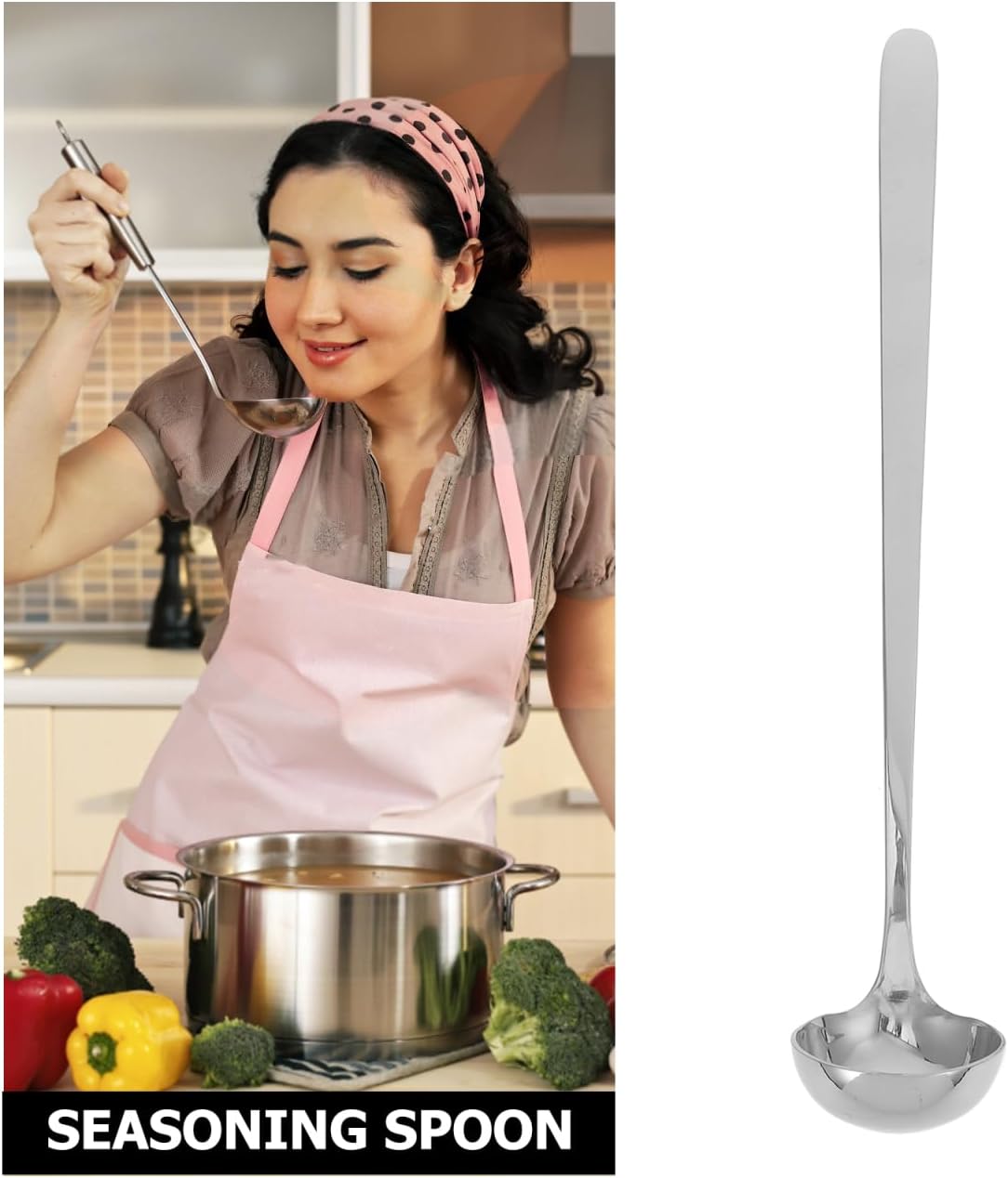 KALLORY Stainless Steel Soup Ladle 9.25 inch Long Handle Kitchen Spoon for Water Rice Soup and Gravy Silver Stirring Food Scoop for Home Restaurant and Canteen Use