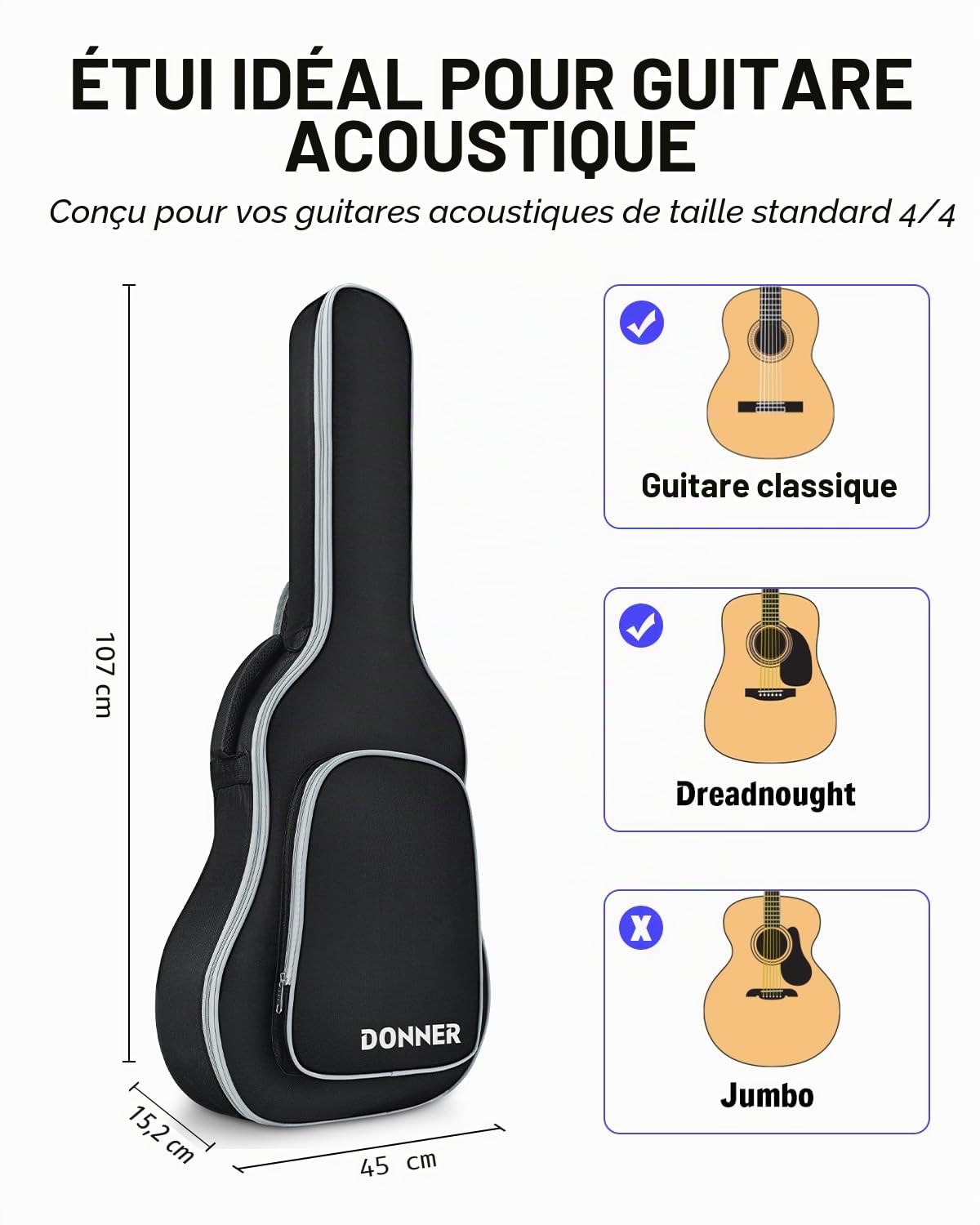 Donner Housse Guitare Acoustique de 40 41 Pouces, Rembourrage de 8 mm en Nylon Indéchirable 600D, Double Bretelles Réglables, Sac pour Guitare Acoustique 4/4 de Transport Souple