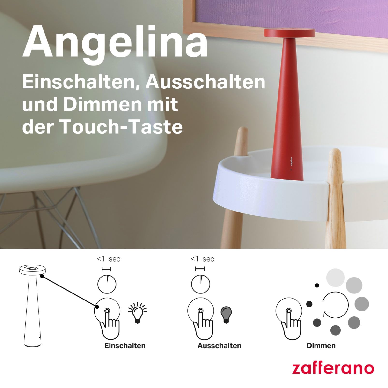 Zafferano, Angelina Lampe, Wiederaufladbare und Kabellose Tischlampe mit Touch Control Und Schwenkbarem Kopf, Geeignet Für Den Innenbereich, Dimmer, 2200-3000 K, Höhe 26 cm, Farbe Rot
