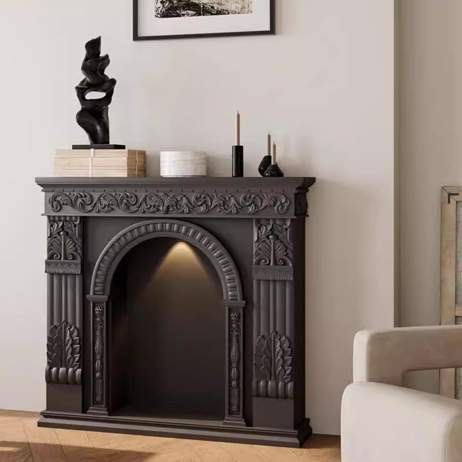 Fireplace Mantel Surround Ornate Carved Wood Fireplace Mantel with Arched Opening & Magnetic Light Classic(Black)