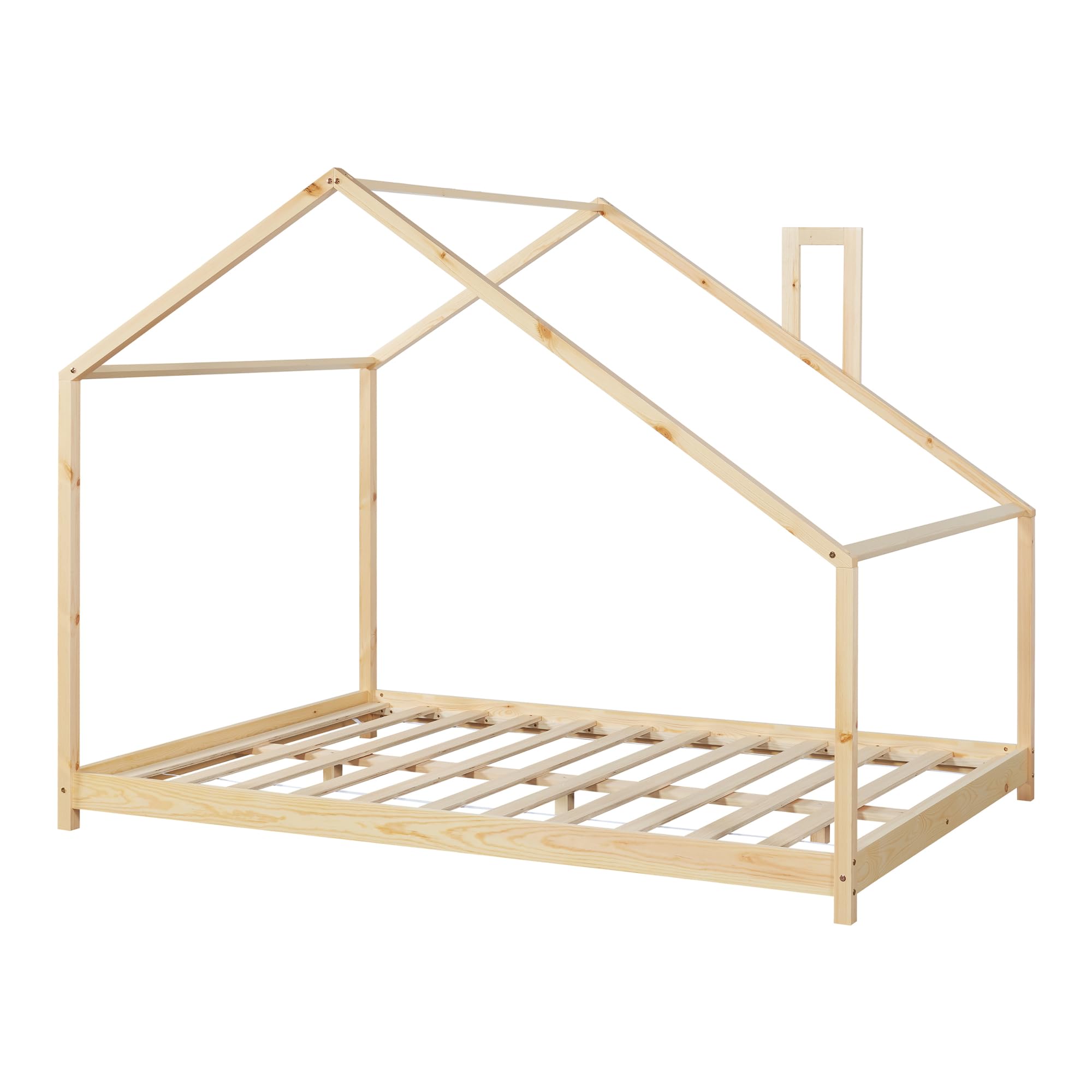 [en.casa] Kinderbett Siuntio Kleindkindbett in Haus-Optik Bodenbett Montessori Bett Hausbett Bettgestell aus Kiefernholz Abenteuerbett 140x200cm Natur