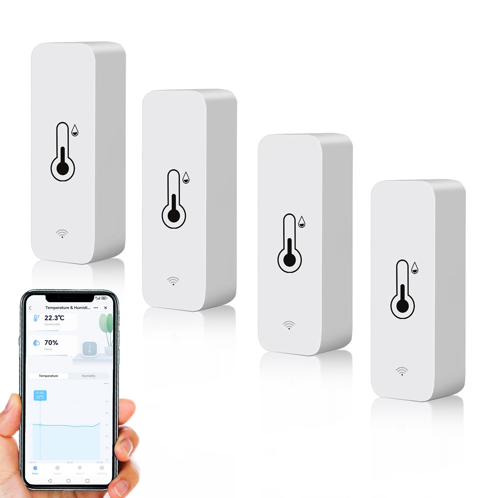 WLAN Smart Thermometer Hygrometer, Digitale Mini Innentemperatur und Feuchtigkeitssensor, Raumtemperaturfeuchtigkeitssensor App Fernbedienung für Gewächshauskeller,Kompatibel Alexa/Google Home. 4Pack