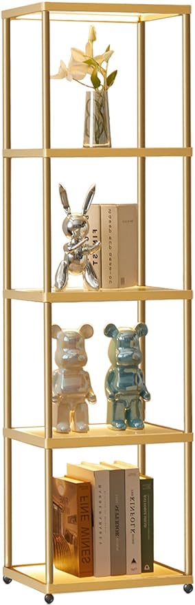 MANBUR MANBUR Display Shelf with Dimmable LED Floor Lamp, Display Cabinet with Glass Bookcase, Home Decor, Bedroom Decor, Bookshelf with Light, Open Book Shelf with 5-Tier Shelf for Living Room Decor Gold photo 3