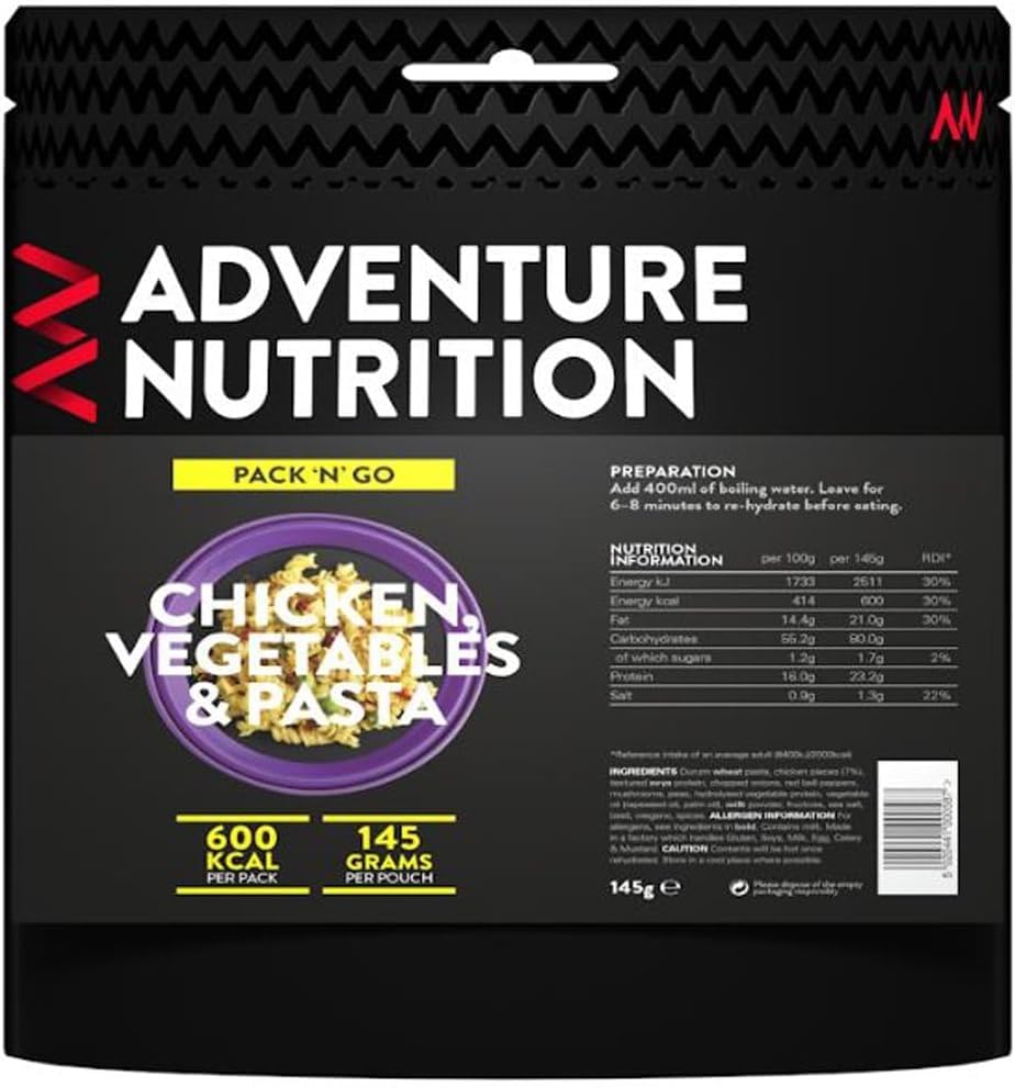 Adventure Nutrition Pack & Go 600 Kcal Freeze Dried Food Chicken Vegetable Pasta - Camping, Ready Meals, Survival Kits, Emergency Food, Hiking — image 1