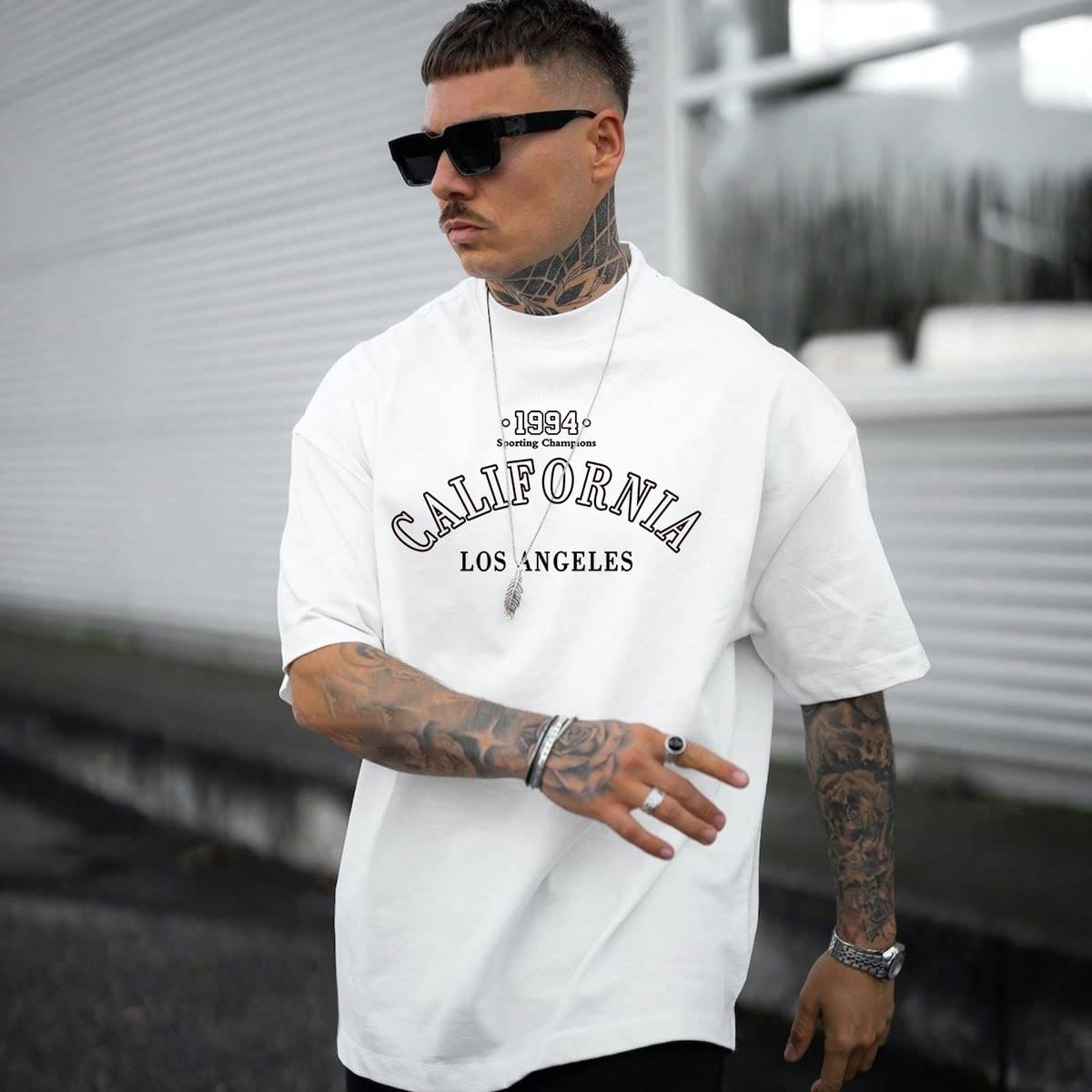 GORGLITTER Men's Oversized Drop Shoulder T-Shirt - Loose Fit Graphic Long Sleeve Tee - View #7
