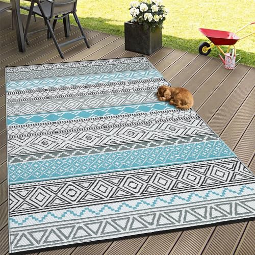 LinTimes Outdoor Plastic Straw Rug 9x12 Waterproof UV Resistant Foldable Patio Rug Modern Geometric Lightweight Floor Mat for Camping, Picnic, Backyard, RV, Beach, Picnic, Blue Gray Black White
