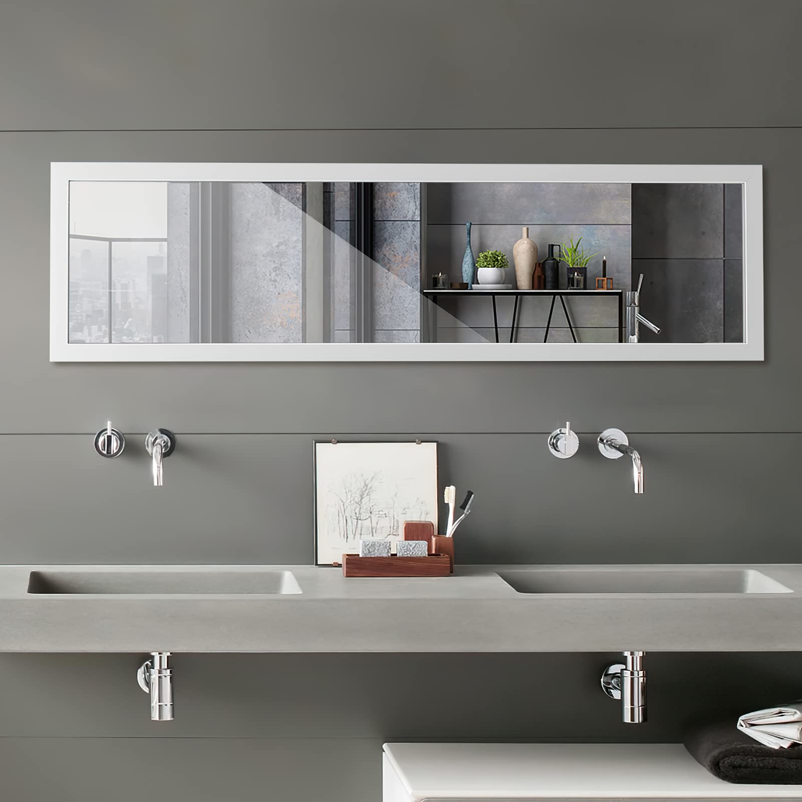 GYMAX Specchio da Parete a Figura, 119 x 33 cm, con Ganci Antiruggine e Adesivi, Specchio Verticale da Porta Antinfortunistico per Camera da Letto Soggiorno Spogliatoio (Bianco)