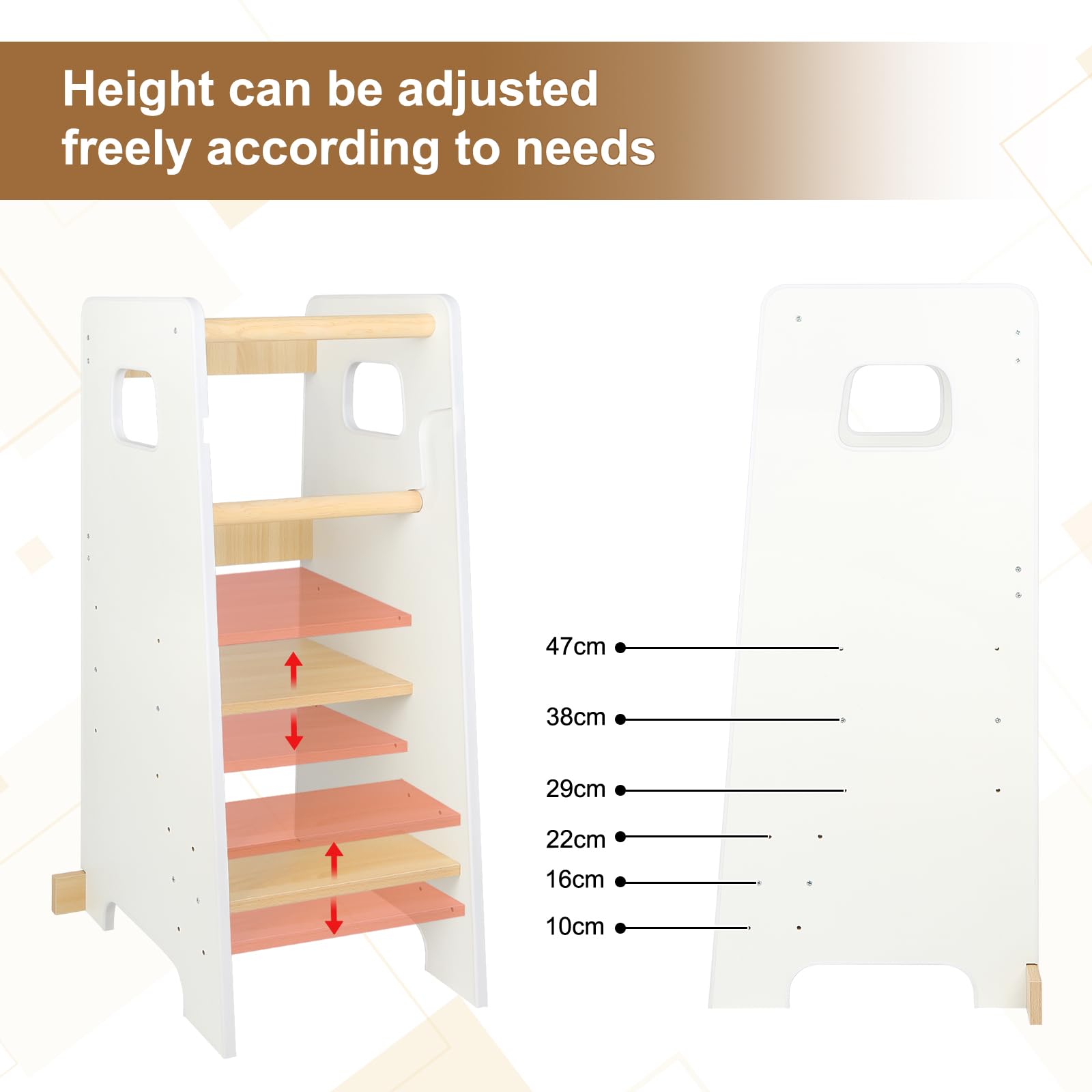 Lernturm aus Holz, höhenverstellbar – Montessori Hocker für Kinder Baby ab Ständer – Beobachtungsturm für Kinder mit rutschfesten Streifen – 90 x 42 x 40 cm – Weiß