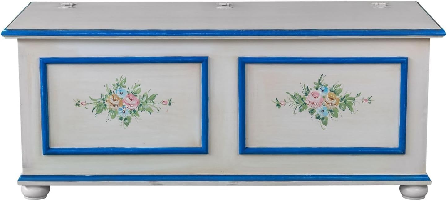Vicentini arreda CASSAPANCA IN LEGNO SHABBY CHIC MOD CIPOLLA BIANCO ANTICATO DECORATO FILO BLU (L 100 P 42 H 50)