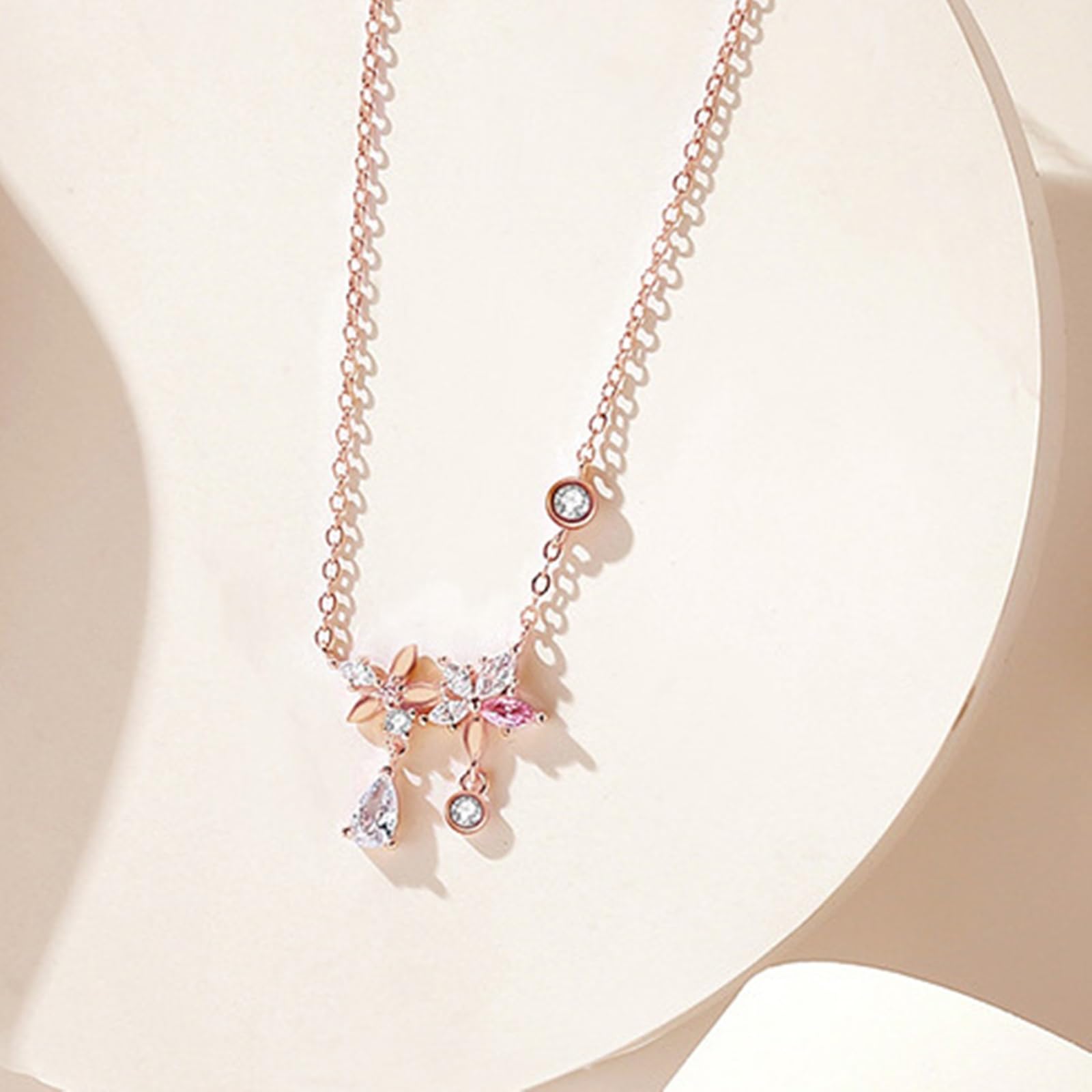 Damen Halskette Rosegold mit Anhänger, Rotgold Im Labor hergestellter rosa Saphir Blumenkette für Frauen mit Moissanit-Anhänger, Länge 40+5cm