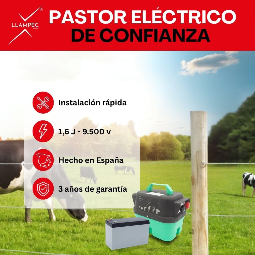 Llampec Pastor Eléctrico Recargable Mod.04 con Batería 12v 7Ah Incluida – 1,6 J - 9.500 V y 10 km de Alcance – Cerca eléctrica para Perros, Caballos, Cerdos y Vacas – Fabricado en España