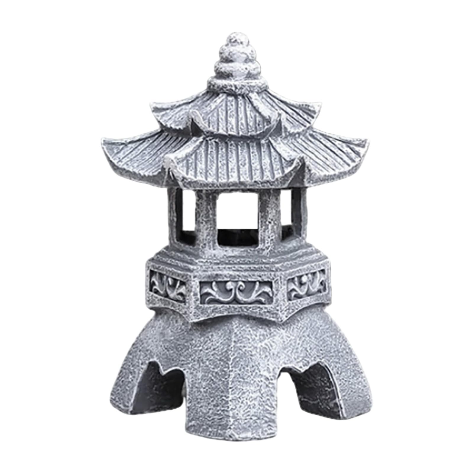 Solar Powered Pagoda Statue Japanese Zen Garden Outdoor Illuminating Yard Ornament (Grey, 22.5x23x32 cm)