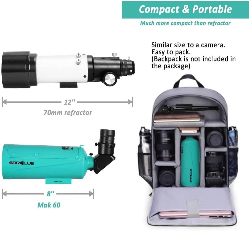 Maksutov-Cassegrain Telescopio adulti e bambini principianti, composto catadiottrico Sarblue MAK60 750 x 60 mm, da viaggio compatto, portatile, con treppiede da tavolo e adattatore telefono