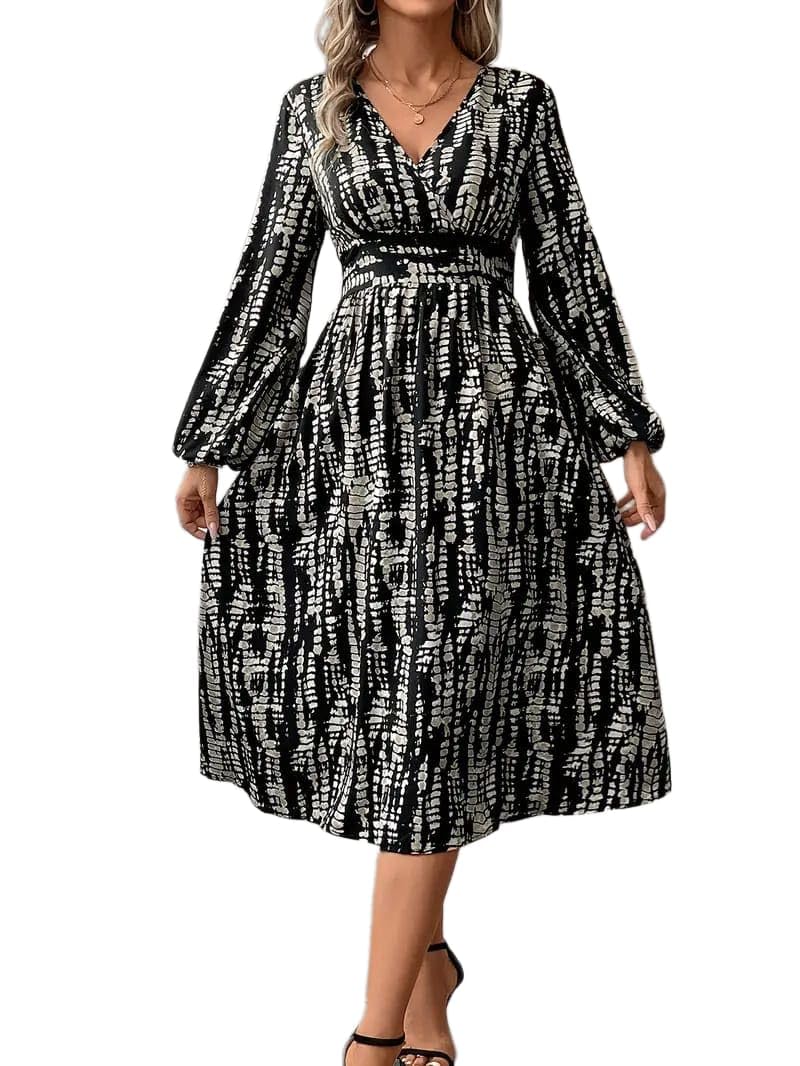 Women's Black Animal Printed V-Neck Wrap Style Full Puffed Sleeves Midi Length Dress-picture-26