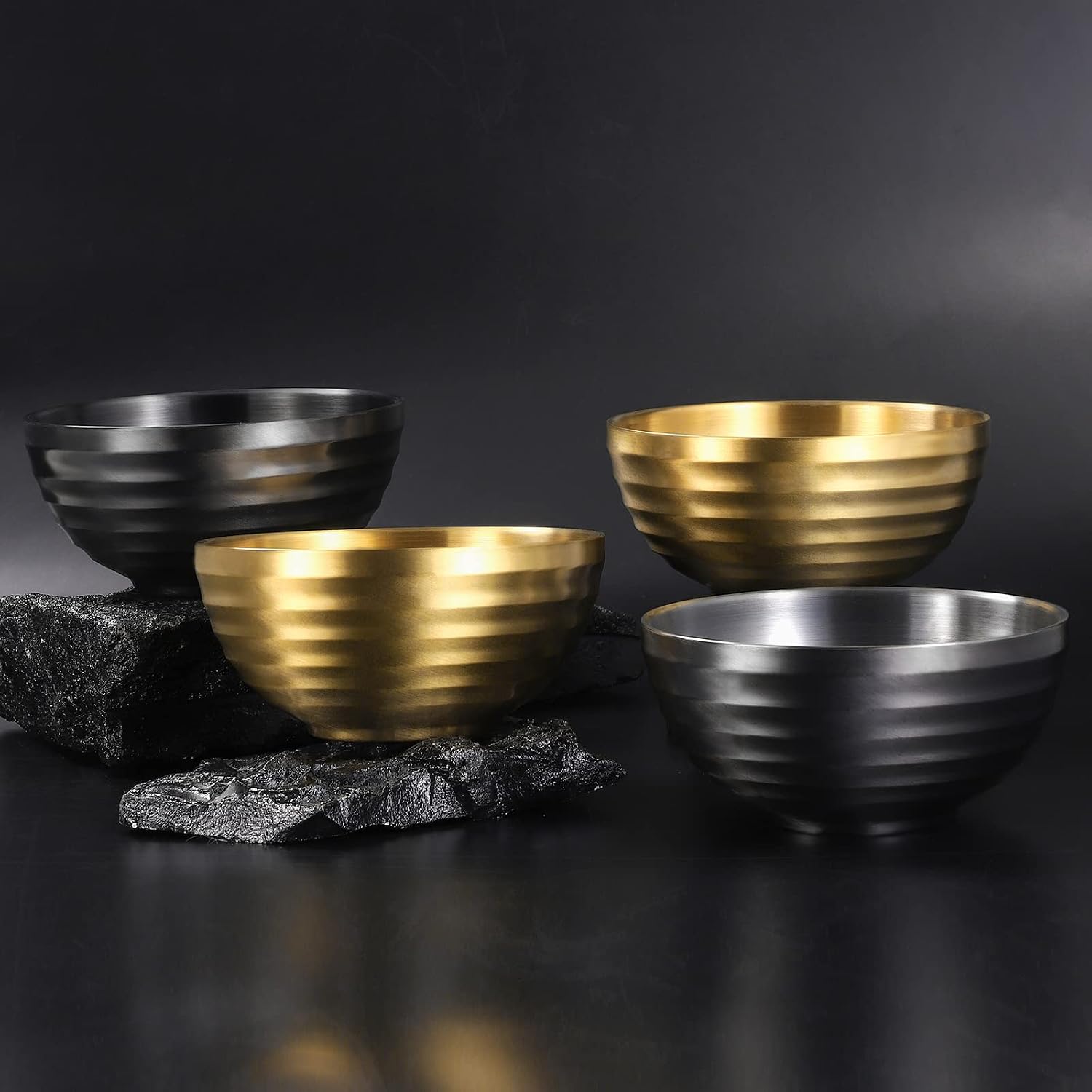17oz 4Pcs 18/8 Stainless Steel Bowls Double Layer Insulated Noodle Soup Bowl Rice Bowl Salad Bowl, Metal Bowls for Fruit Cereal Snack Appetizer,Dishwasher Safe,5.5in (Gold&Black)
