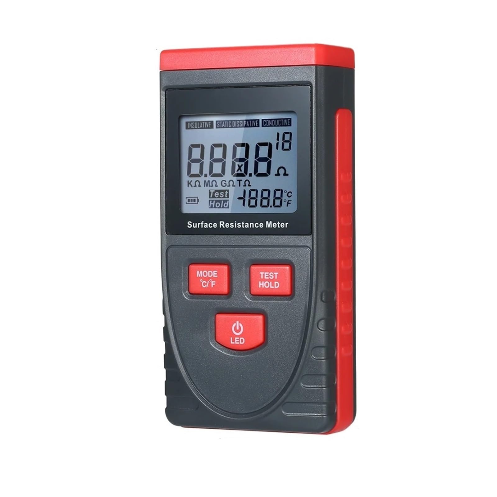 Medidores de Resistencia, Medidor de resistencia superficie portátil con pantalla LCD, medición temperatura, almacenamiento datos, comprobador aislamiento antiestático