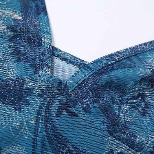 Women's Retro Printed Halter Top,Mesh Pleated Strappy Neck,Stylish Sleeveless Slim Top Base Layer4