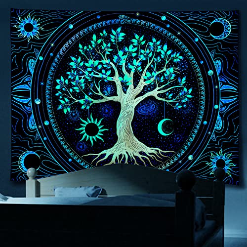 Image of Tapestry for Bedroom Aesthetic Black Light Tree of Life Tapestrys UV Reactive Trippy Talestry Colorful Wall tapistry Sun Moon Space Tapestries Green Forest Wall Hanging Decor Nature Ceiling Tapastry