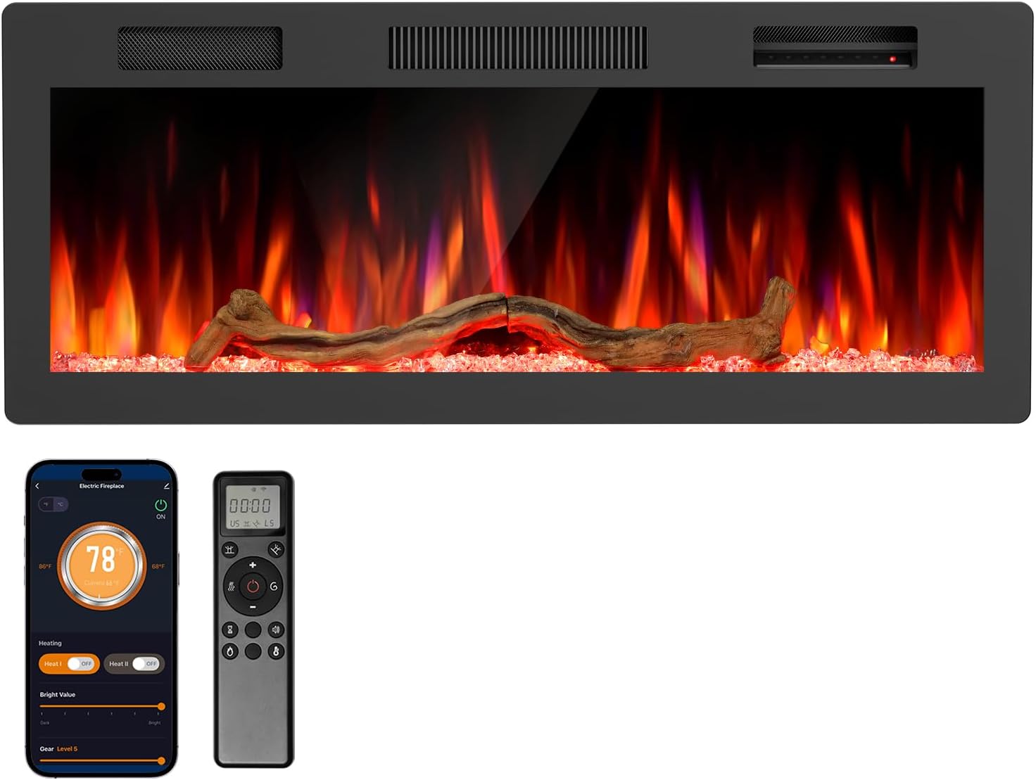 R.W.FLAME 42 Inch Recessed and Wall Mounted Smart Electric Fireplace, Alexa/WiFi Enabled, APP Control with Multiple Sound Modes, Remote Control with Timer, Adjustable Flame Colors and Speed