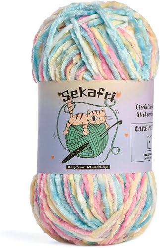 Fuzzy Chenille Yarn for Crocheting, Fluffy Amigurumi Crochet Yarn for DIY Craft/Hat/Shoes, (100g/197yds) Soft Velvet Baby Blanket Yarn(Candy Color)