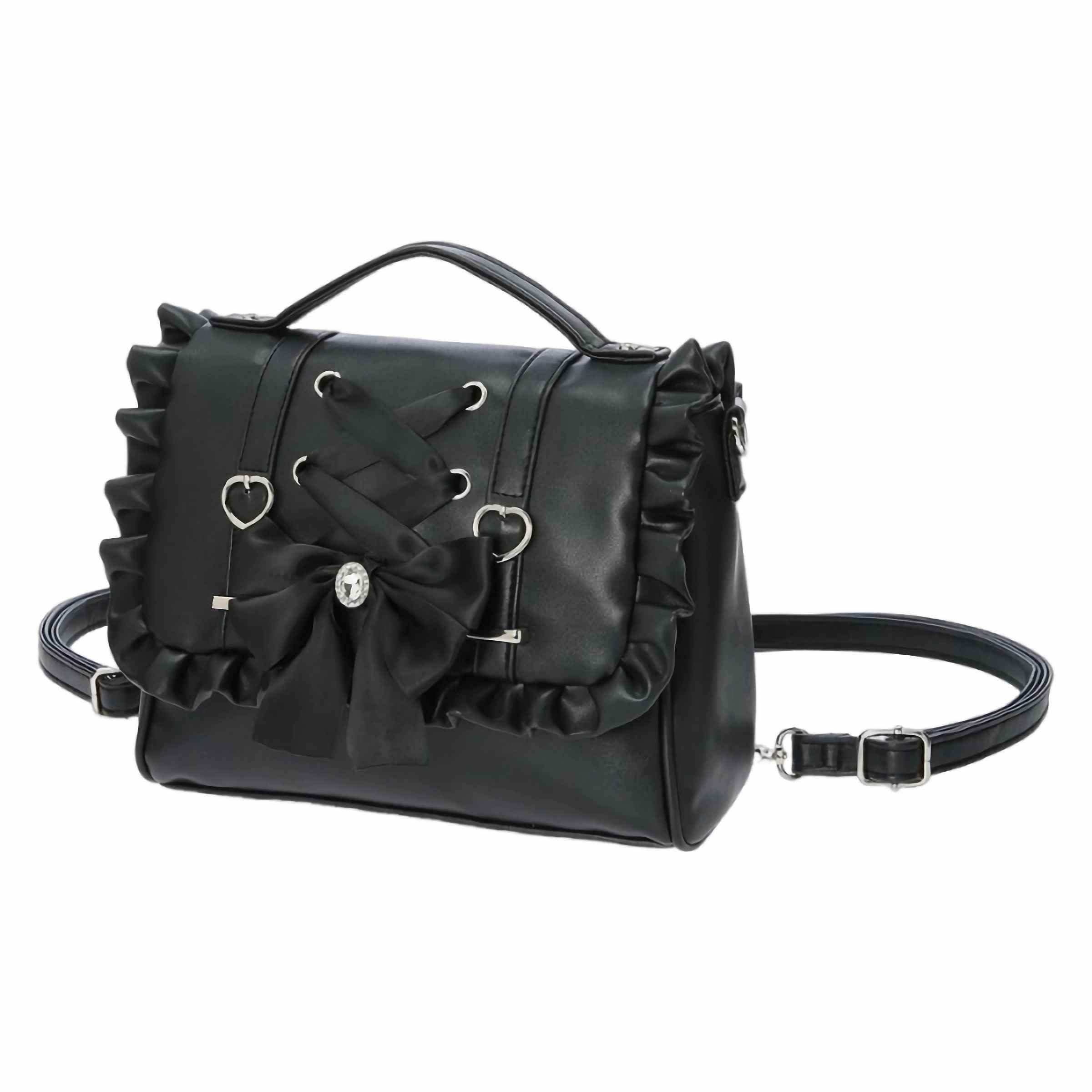 Bow Purse Cutecore Backpack, Satchel Crossbody Japanese Bag with Ruffle, Jirai Kei Coquette Shoujo Girl Gothic Lolita Fashion