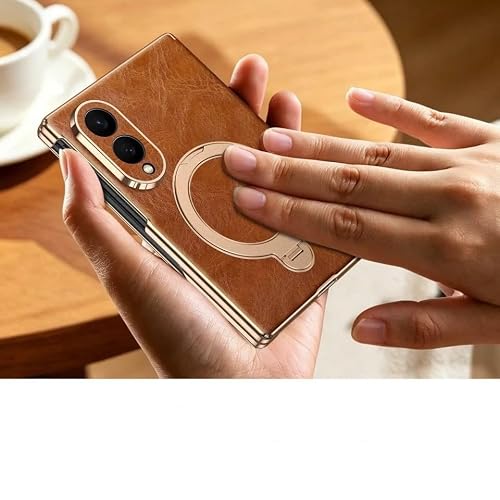 Generic etui kompatybilne z Samsung Galaxy Z Fold 7 (kolor: zielony) Wysokiej jakości woskowany wzór z prawdziwej skóry metalowy stojak uchwyt etui z klapką
