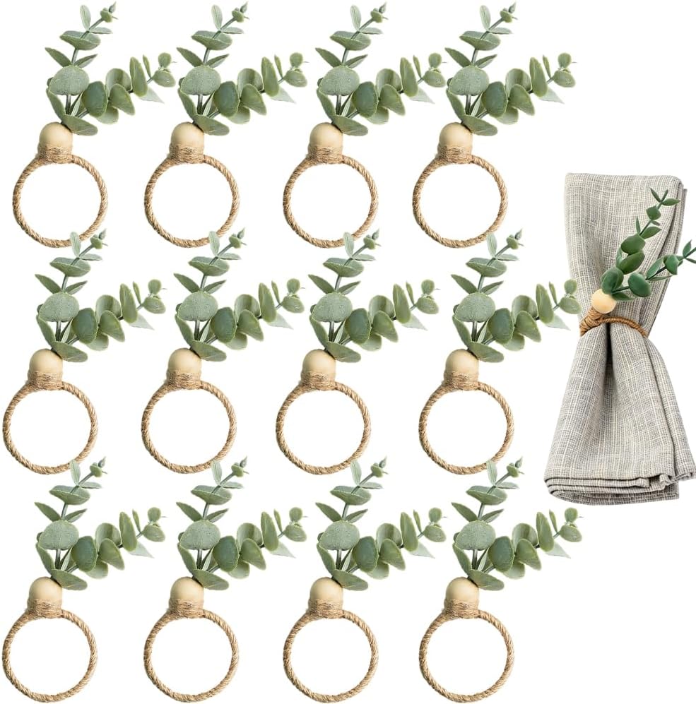 Eucalyptus Leaf Napkin Rings Set of 12, Easter Napkin Rings,Boho Eucalyptus Leaf Napkins Rings,Hemp Rope Wood Bead Farmhouse Easter Napkin Holder for Weddings Christmas Party Table Decoration