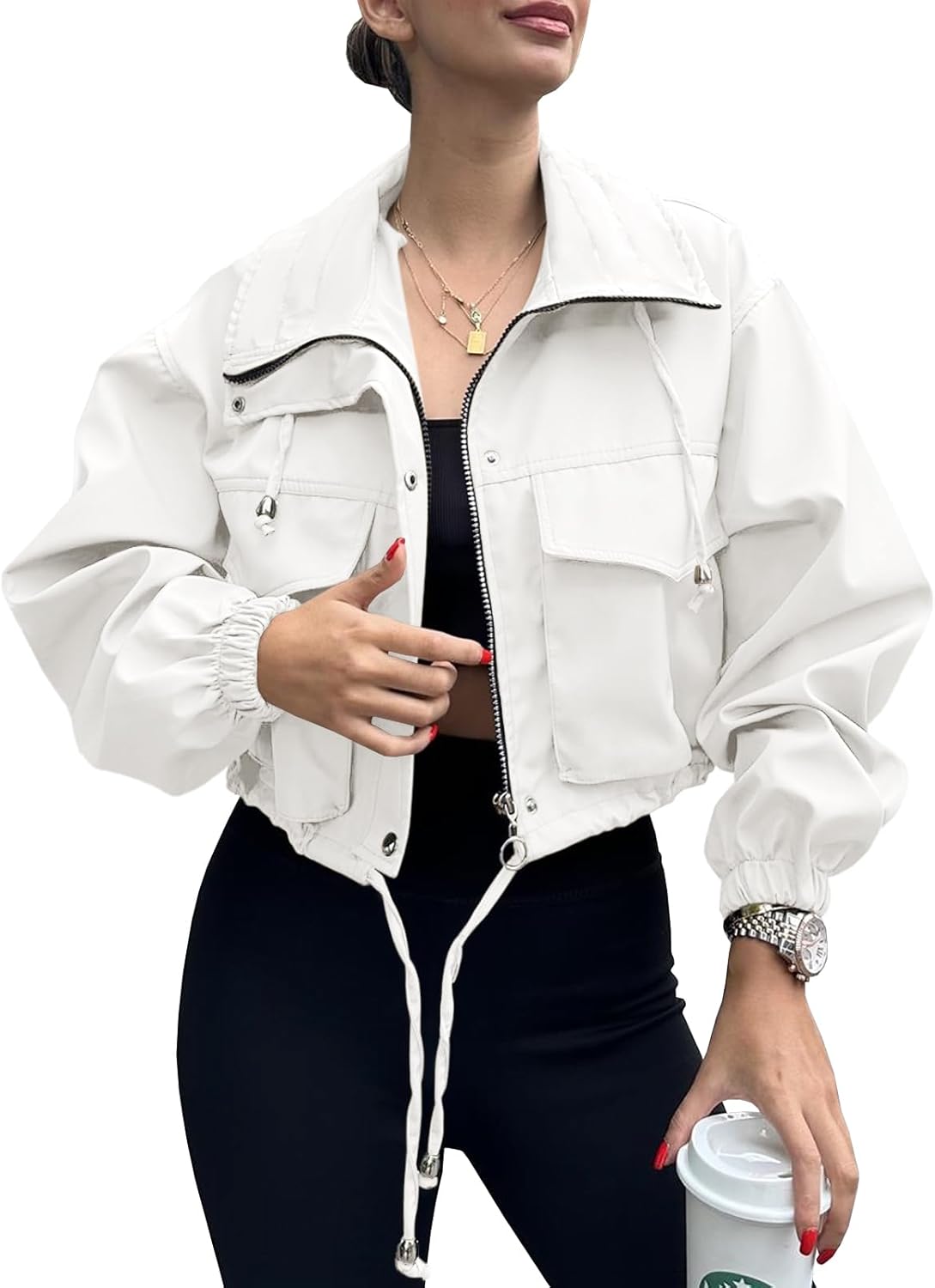 Tankaneo Womens Cropped Jacket Zip Up Lightweight Oversized Utility Anorak Coat with Pockets