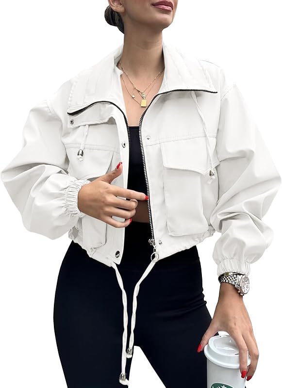 Tankaneo Womens Cropped Jacket Zip Up Lightweight Oversized Utility Anorak | Casual,Trench Coat with Pocket,Military,Drawstring,Stand Collarm,Sport Active,Y2K,Zipper&snap clousure,Chic Outerwear,Trendy