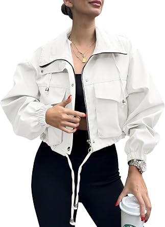 Tankaneo Womens Cropped Jacket Zip Up Lightweight Oversized Utility Anorak